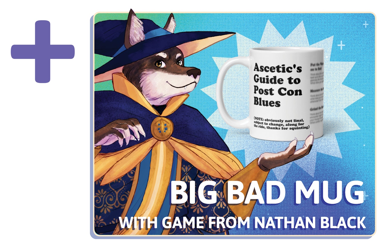 The Wolf holding the Big Bad Mug, a coffee mug with a game from Nathan Black