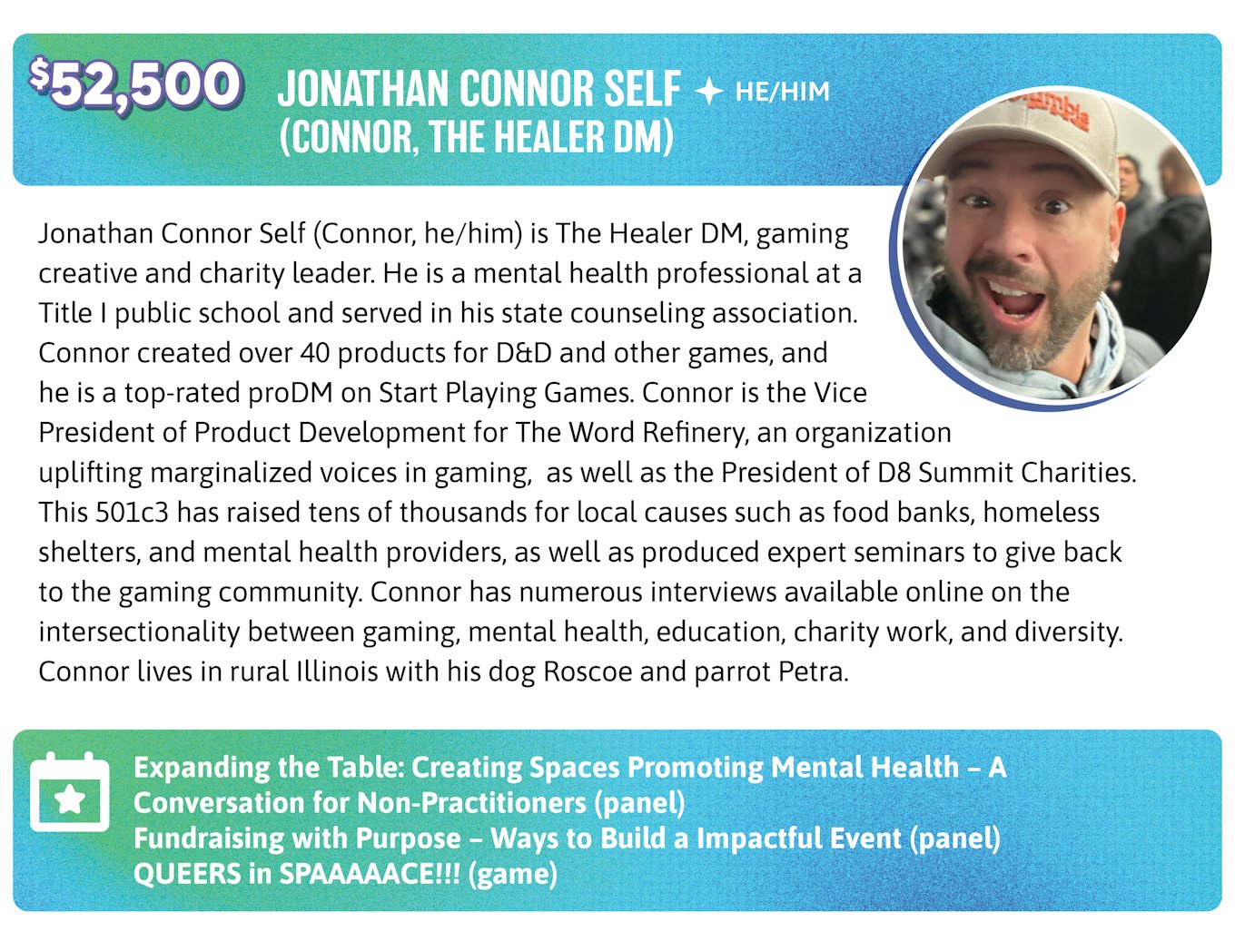 52,500. Jonathan Connor Self (Connor, he/him) is The Healer DM, gaming creative and charity leader. He is a mental health professional at a Title I public school and served in his state counseling association. Connor created over 40 products for D&D and other games, and he is a top-rated proDM on Start Playing Games. Connor is the Vice President of Product Development for The Word Refinery, an organization uplifting marginalized voices in gaming,  as well as the President of D8 Summit Charities. This 501c3 has raised tens of thousands for local causes such as food banks, homeless shelters, and mental health providers, as well as produced expert seminars to give back to the gaming community. Connor has numerous interviews available online on the intersectionality between gaming, mental health, education, charity work, and diversity. Connor lives in rural Illinois with his dog Roscoe and parrot Petra.