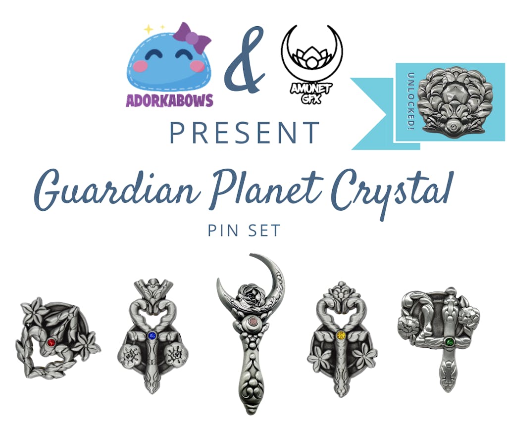 AdorkaBows & AmunetGFX present Guardian Planet Crystal Pin Set. Includes photos of all six pin designs, planetary symbols for Mars, Mercury, Venus, Jupiter, a Crescent Moon wand and a flowering crystal, all with floral elements and colored gemstones on each.