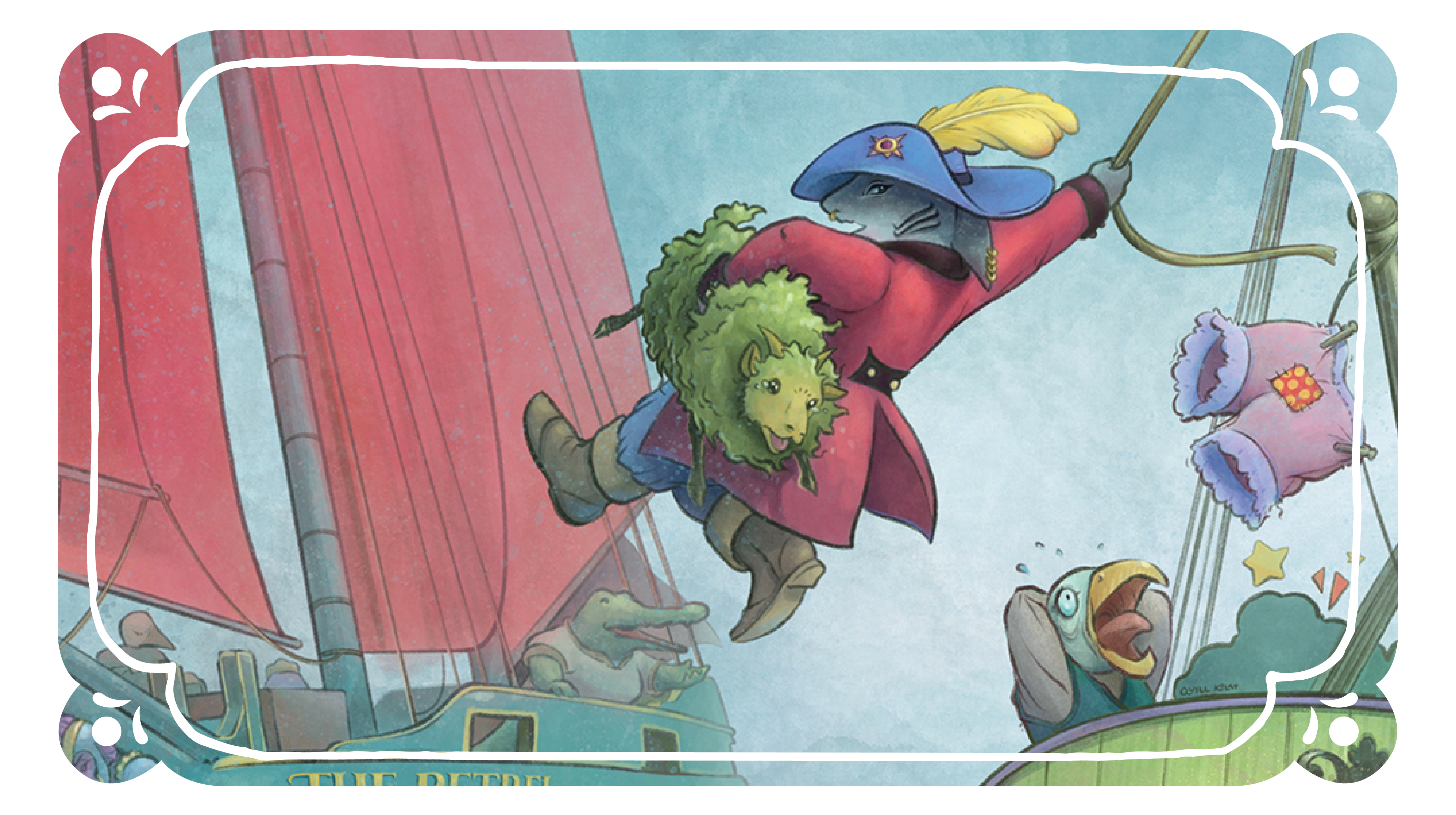 A finfolk sailor swings on a rope with a Tide Sheep under their arm