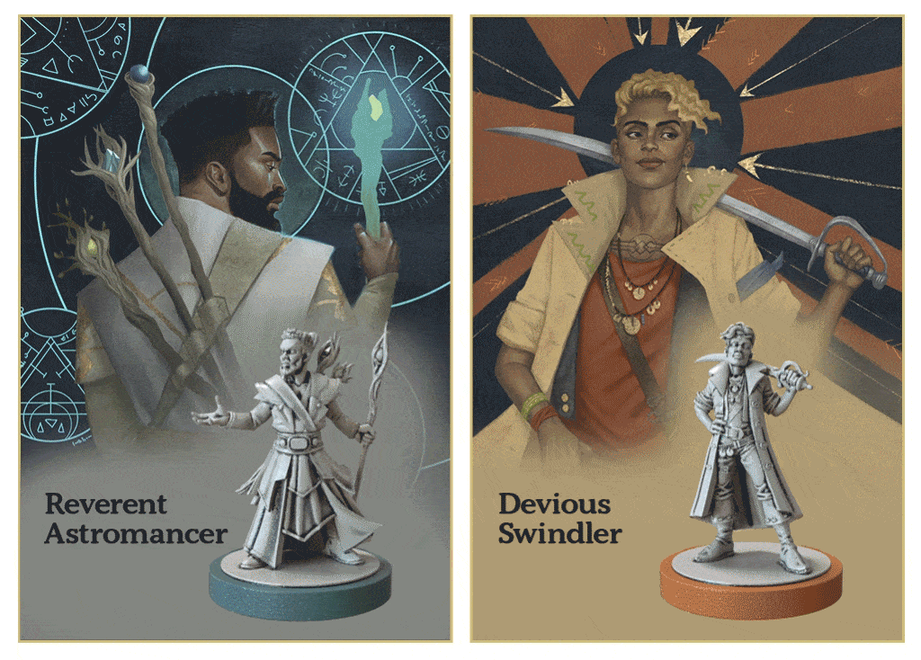 Reverent Astromancer and Devious Swindler image with render of miniatures rotating