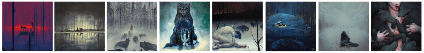Eight artworks each portraying a person and their relationship to wolves.