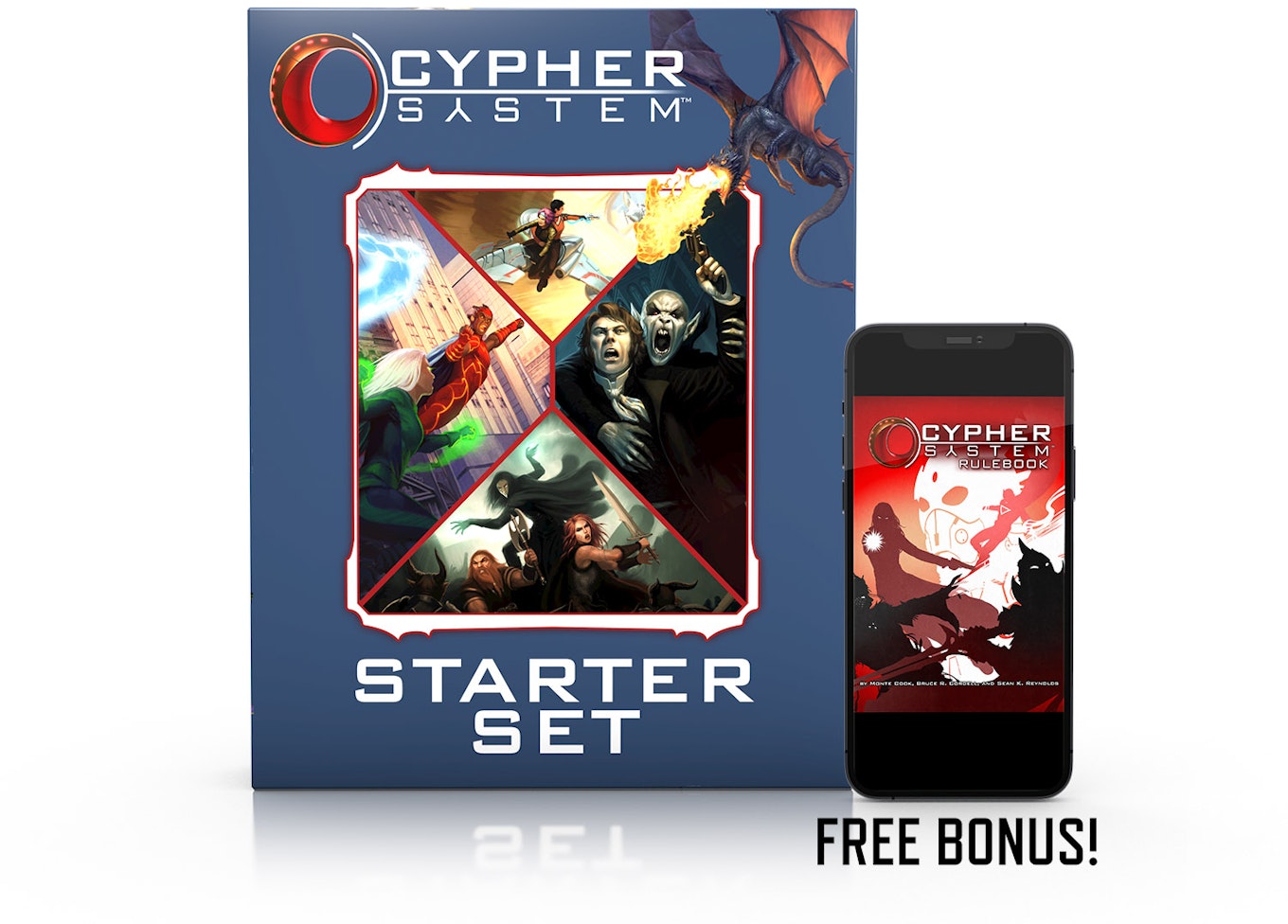 Image of the Cypher System Starter Set and the Cypher System Rulebook as a free bonus PDF
