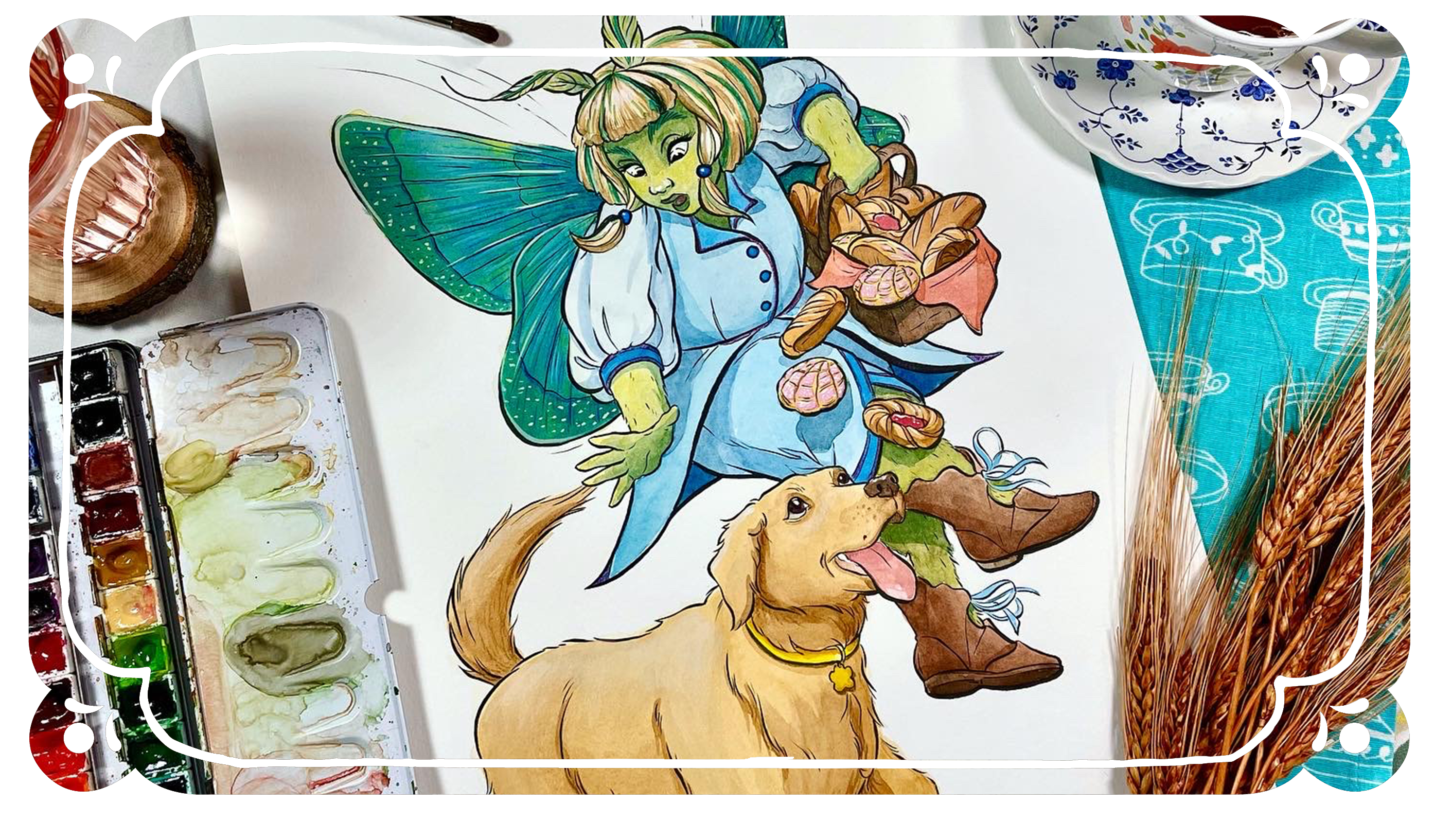 Original Holly and Daffodil art surrounded by watercolors, wheat and tea