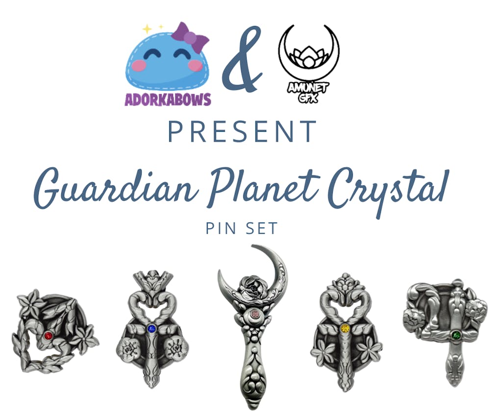 AdorkaBows & AmunetGFX present Guardian Planet Crystal Pin Set. Includes five preview images of the pin designs: Mars symbol, Mercury symbol, crescent moon wand, Venus symbol, Jupiter symbol; each pin is metal with floral design elements and a gemstone.