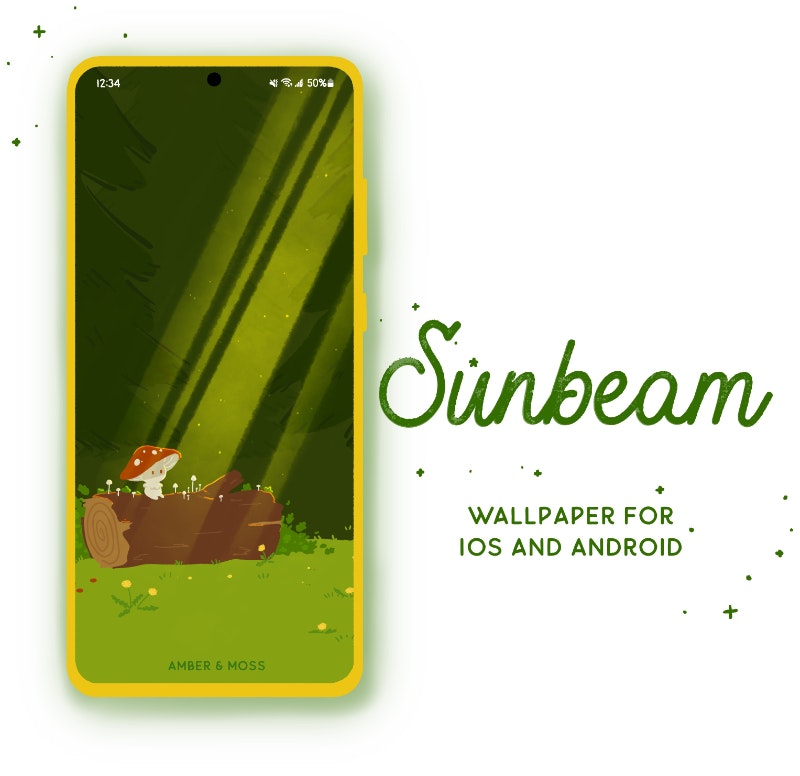 The Sunbeam wallpaper, for IOS and Android phones. There is a preview image of the wallpaper. It has Amini mushroom sprout sitting on a log in the middle of the woods. Tiny white mushrooms sprout up, and poison oak sprouts around the base of the log. Dandelions and little red mushrooms are growing among the grass. There is a beam of warm sunlight filtering in from the high redwood trees.