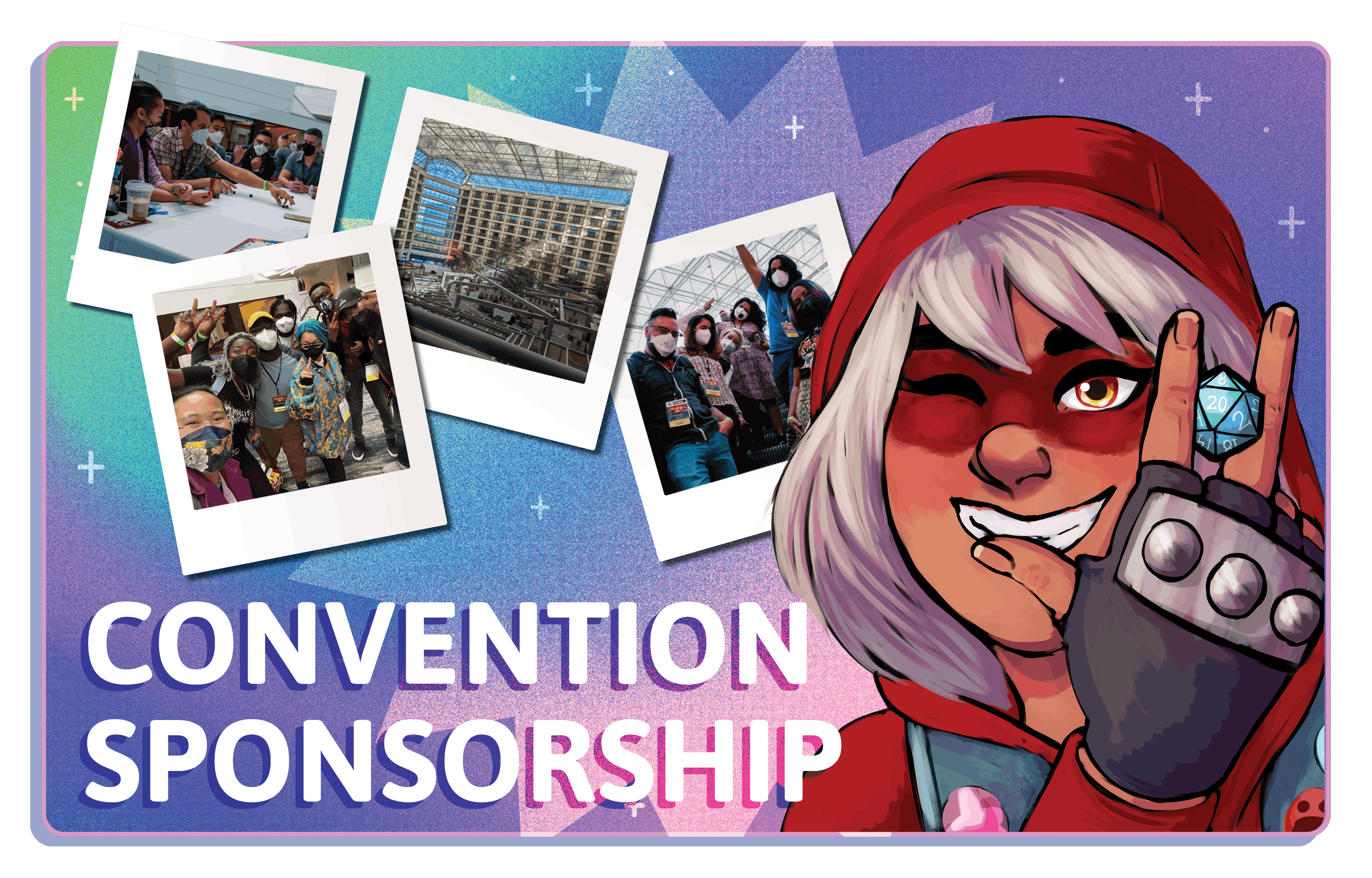 Images of Little Red in front of pictures of attendees and the hotel having a great time at Big Bad Con