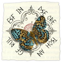 A square piece of paper that has a design stamped on it. A butterfly with map designs on its wings sits in the middle. In a circle around the design are letters: esf in dse cre tsch an ge rul