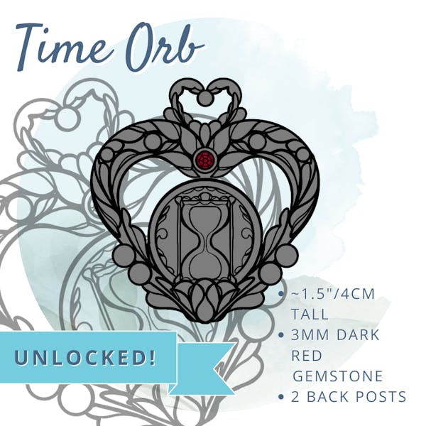 Time Orb Pin: ~1.5" or 4cm tall with a 3mm dark red gem and two back posts