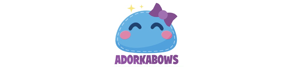 AdorkaBows Logo: a rounded bun shape in blue with smiling purple eyes, blushing cheeks, and a purple hair bow