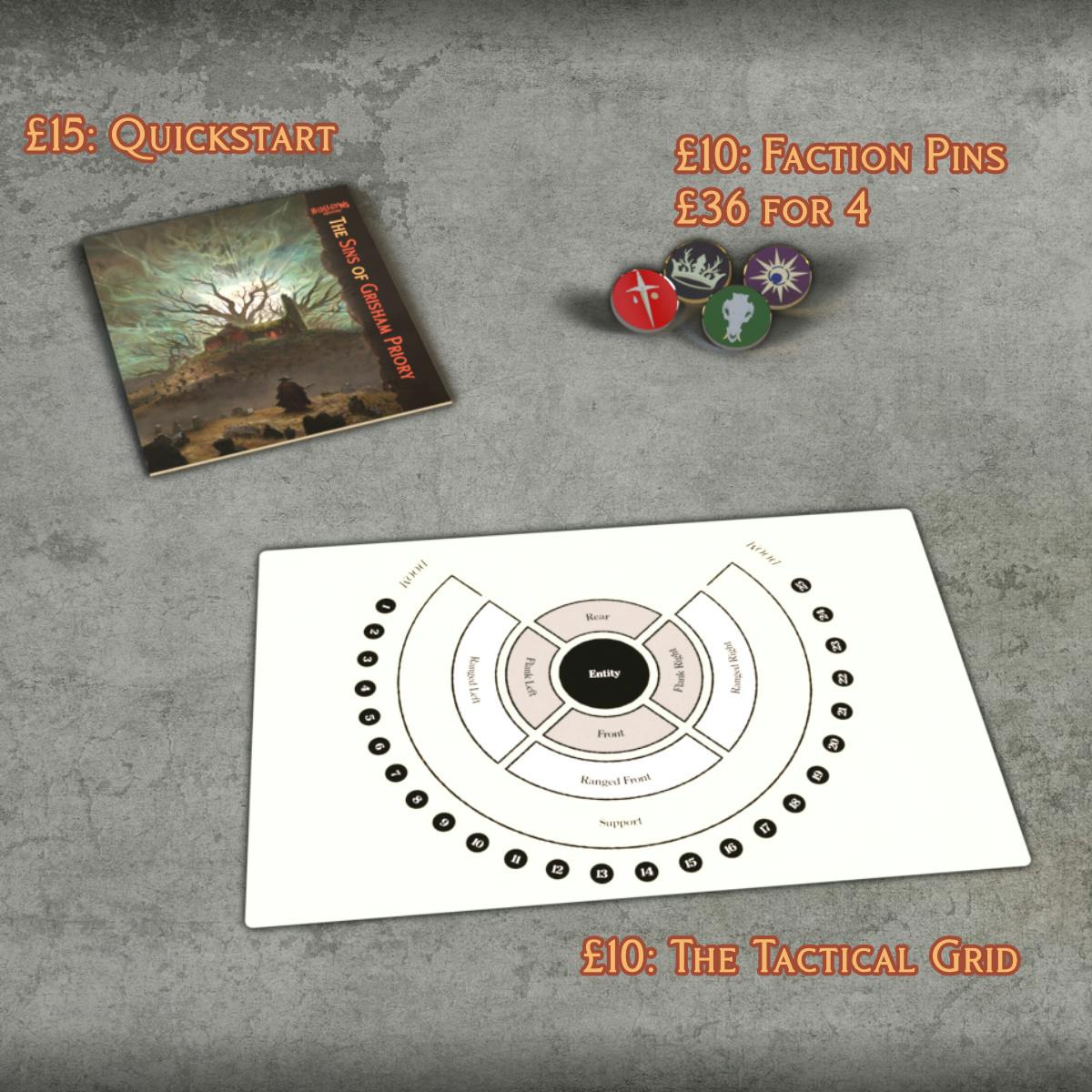 The Hollows Quickstart softcover £15. Four enamel pins showing the Hollows faction symbols, £10 each or all 4 for £36. The tactical grid printed on cotton, £10. 