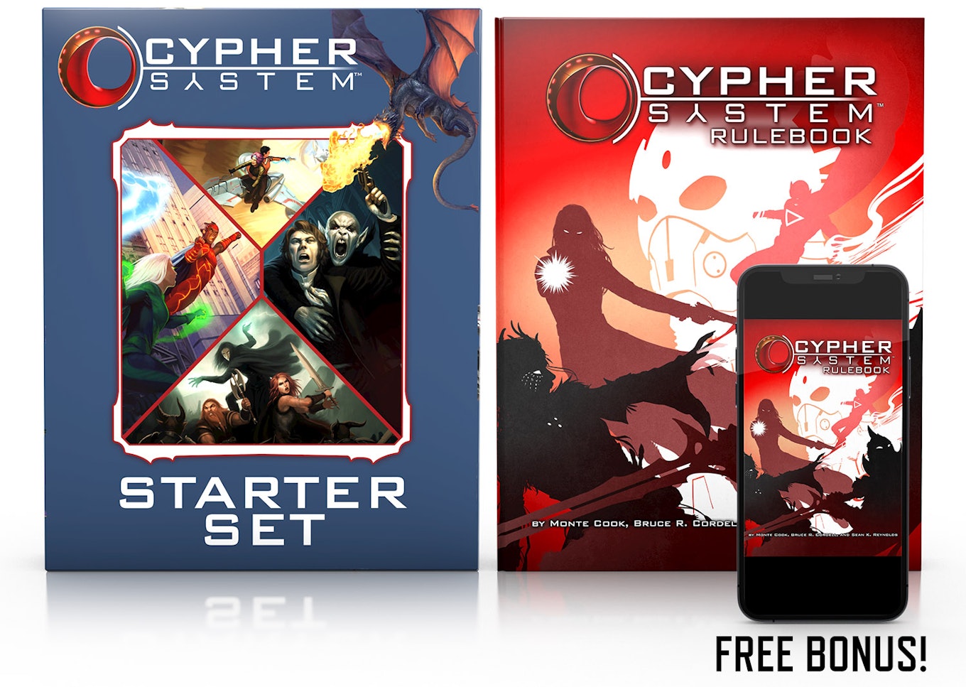 Image of the Cypher System Starter Set and the Cypher System Rulebook in print, as well as the Cypher System Rulebook as free bonus PDF.