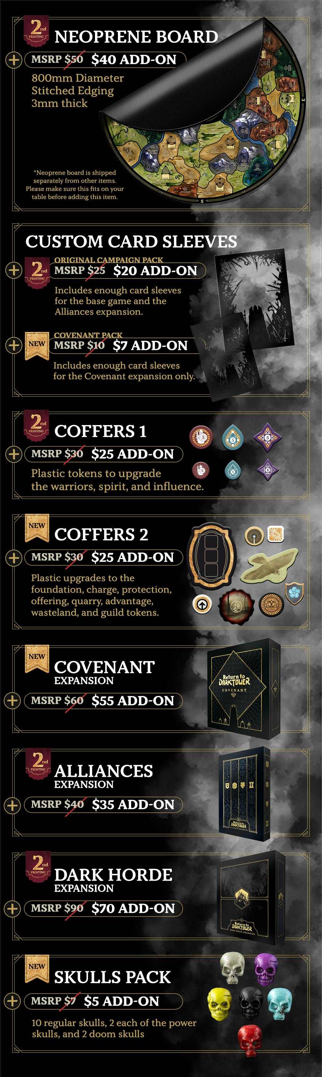 Add ons graphic listing what's available: neoprene playmat, custom card sleeve packs, two different plastic token packs called "coffers" that upgrade the card board tokens in the game, alliances, covenant, and dark horde, and a skull pack