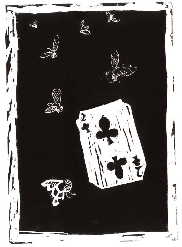 A lino print of the 2 of clubs with flies.