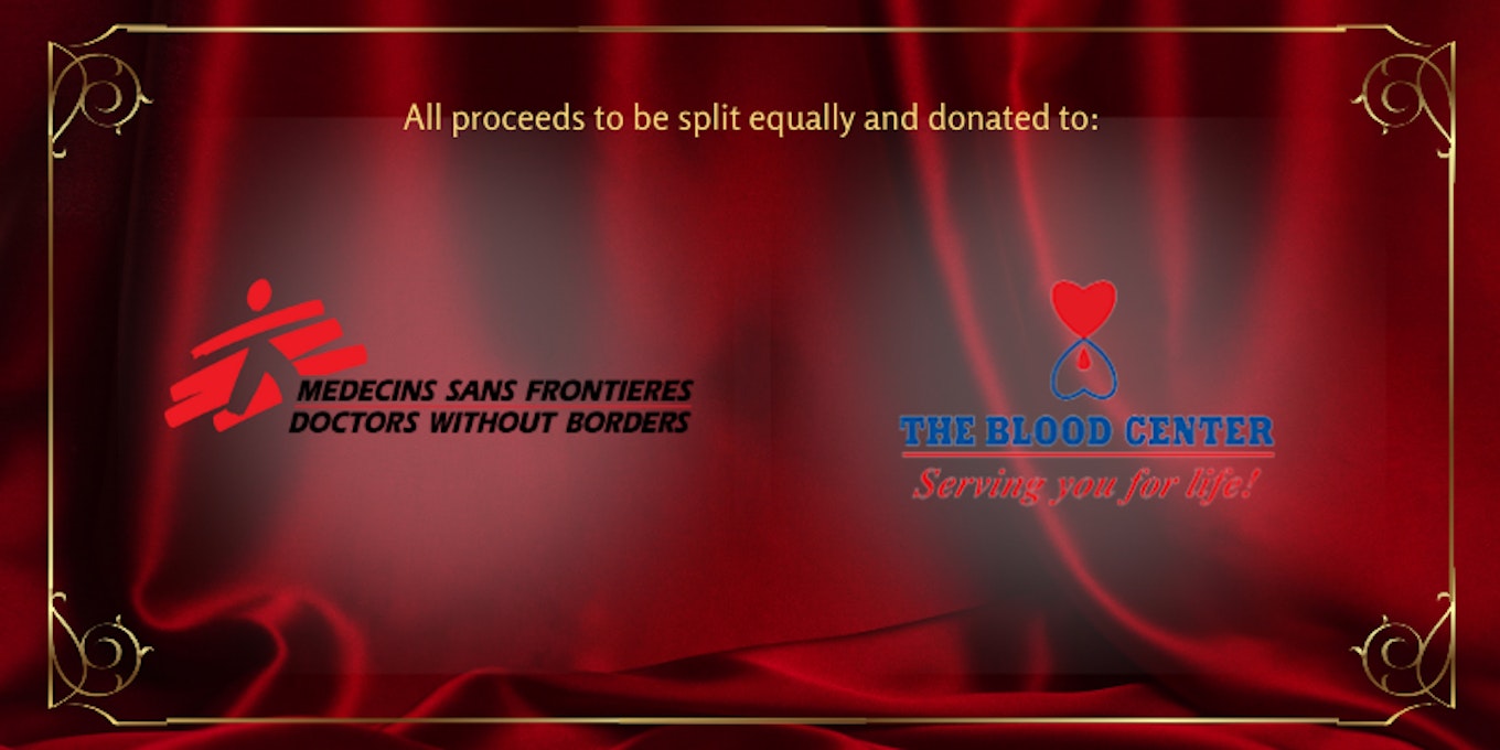 A digital rectangle-shaped banner with a gold frame, against a red silk background.  The pictures are two charity logos and the words above them read: “All proceeds to be split equally and donated to: Doctors Without Borders and The Blood Center.”