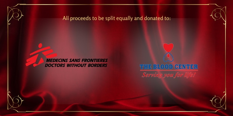 A digital rectangle-shaped banner with a gold frame, against a red silk background.  The pictures are two charity logos and the words above them read: “All proceeds to be split equally and donated to: Doctors Without Borders and The Blood Center.”