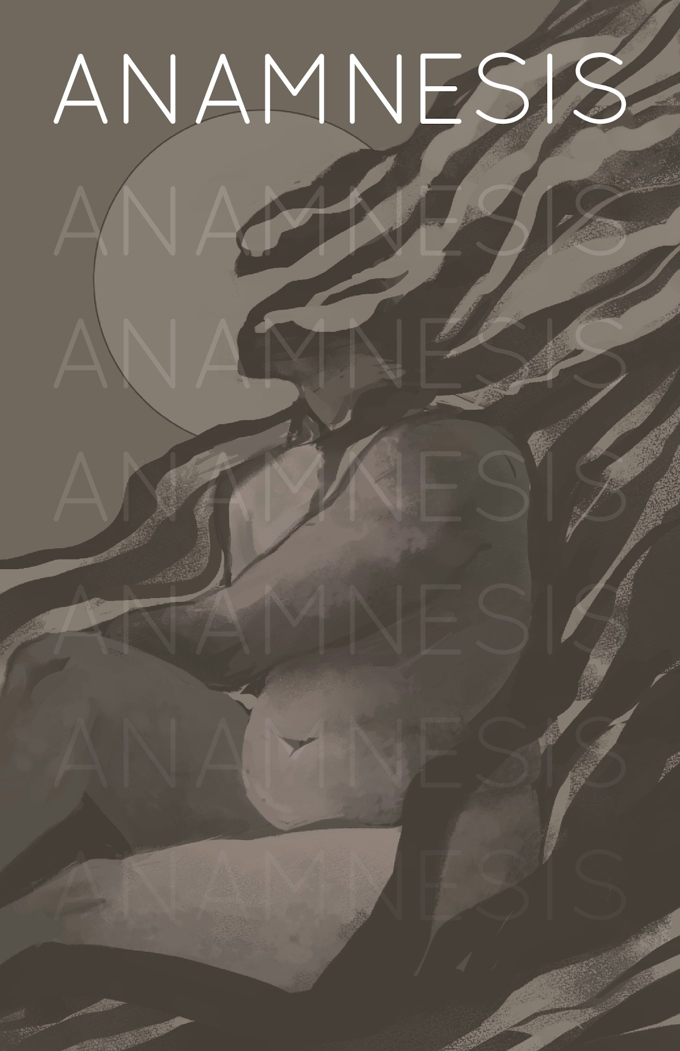 The cover art for Anamnesis, all in shades of brown. Shows a nude figure sitting down, surrounded by wisps that could be smoke or fog. The figure's head is entirely obscured by the wisps. The top of the page says the title Anamnesis in white. The title repeats down the cover, slowly fading until the last repetition is hard to see.