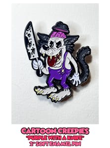 Cartoon Creepies Purple Wolf with a Knife 2" Soft Enamel pin designed by Frank Forte
