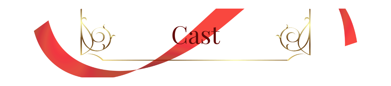 A digital rectangle-shaped banner with a red ribbon curved against a gold divider.  The word in the center, in a maroon-colored font, reads: “Cast.”
