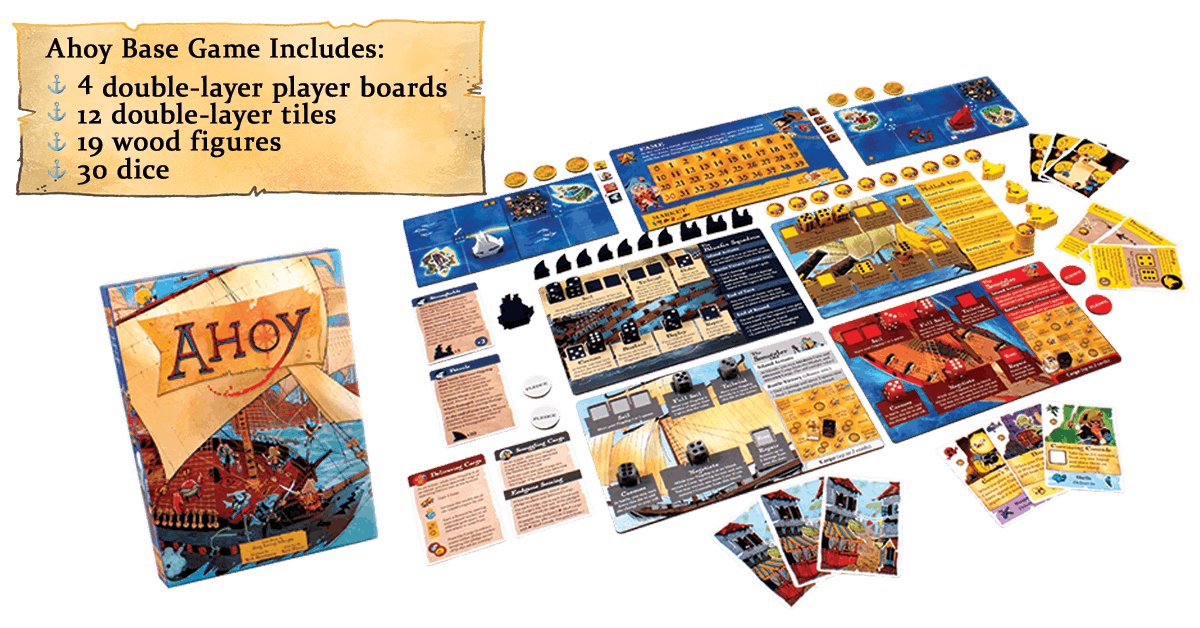 The Ahoy base game with 4 playable factions, double-layer player boards and map tiles, 19 wooden figures, and 30 dice.