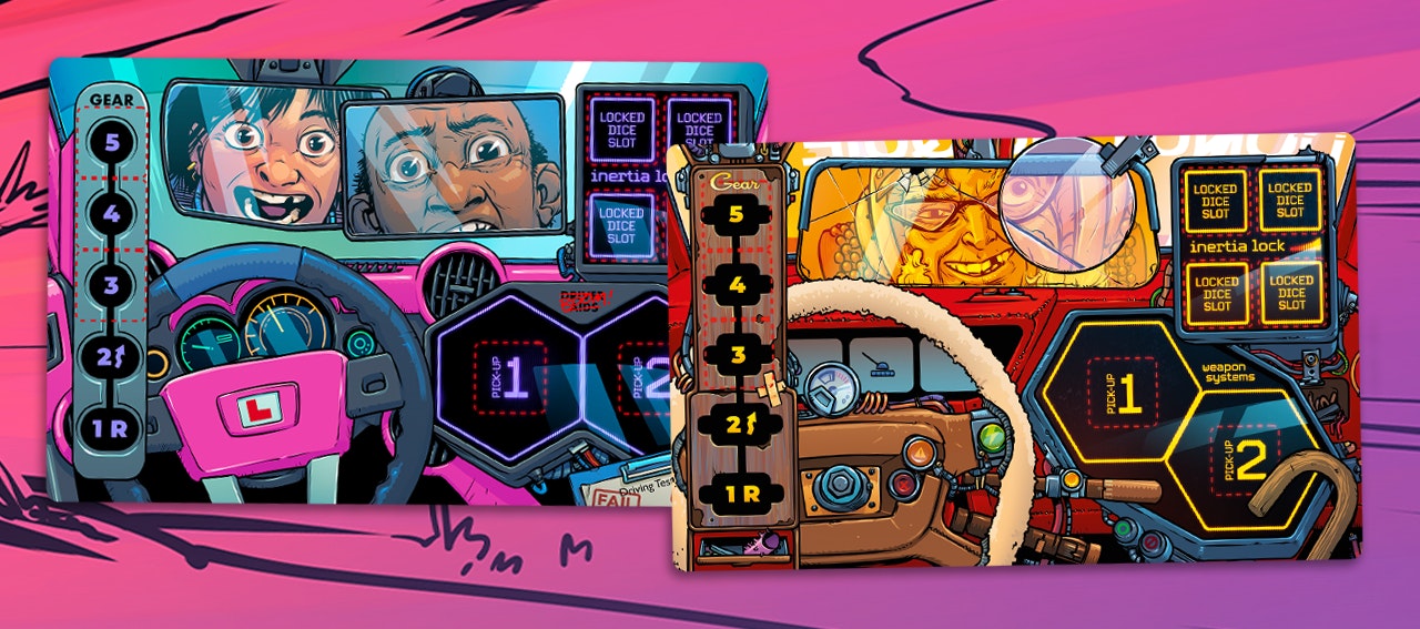 This image shows two of the driver dashboards from the board game on top of a pink background. Both dashboards look like the interior of the race car, with a track for the gear shift, a steering wheel, and a rear-view mirror. They both also have a set of four squares at the top right where dice will be locked in during gameplay, as well as two large hexagon shapes at the bottom right where item tokens are stored. The left dashboard shows the faces of two people in the rear-view mirror. One is a teenage girl whose mouth is open in a scream and the other is an older male who is balding. Both have eyes wide open as if they are quite scared. In the second dashboard an elderly woman appears in the rear-view mirror. There's a magnifying glass in the corner of the mirror that makes one side of her face look enlarged. She wears glasses and is missing a tooth. 