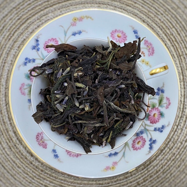 Crystal Garden tea leaves in a tea cup