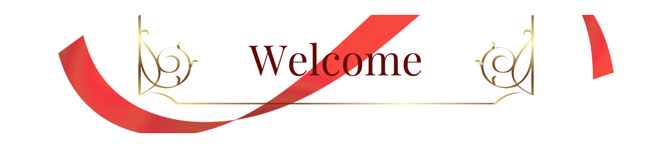 A digital rectangle-shaped banner with a red ribbon curved against a gold divider.  The word in the center, in a maroon-colored font, reads: “Welcome.” 