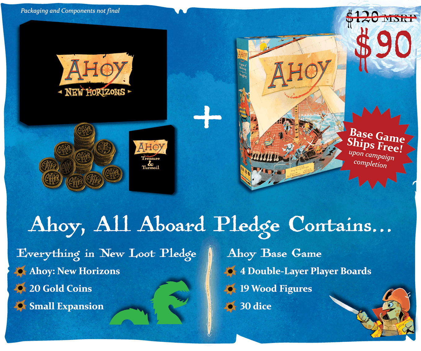  The Ahoy All Aboard pledge level includes:  4 new factions, including: The Blackfish Brigade, The Shellfire Rebellion, The Leviathan, and The Coral Cap Pirates. Deluxe metal coins to replace the cardboard coins in the Ahoy base game. A mini expansion of brand new content. This level adds the Ahoy Base Game, which will ship to you following this campaign.