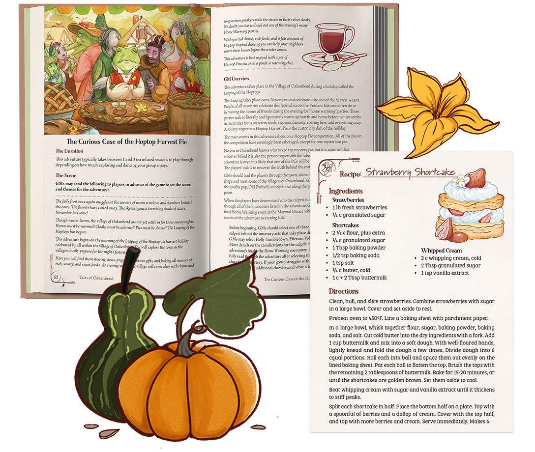 Teatime Adventures: Tales from Oakenbend open to the Curious Case of the Hoptop Pie and a pop out of the Strawberry Shortcake recipie