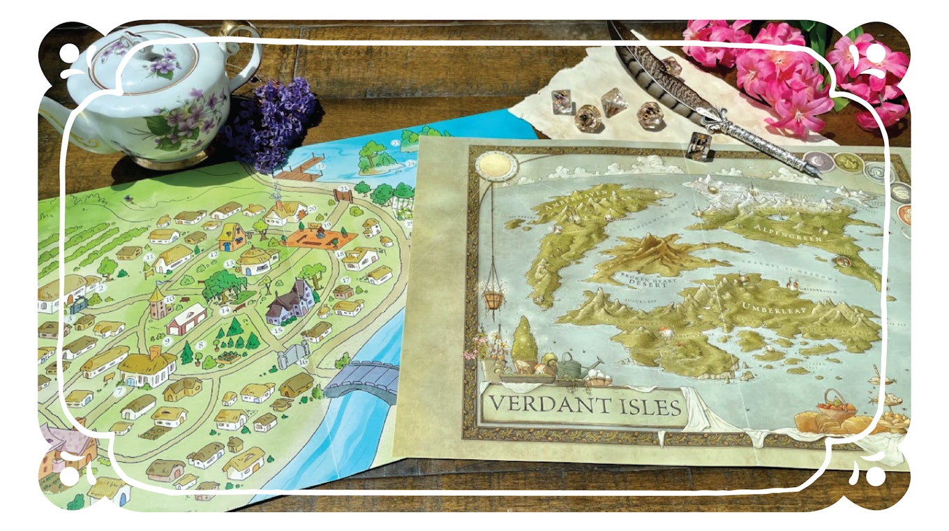 The Verdant Isles and Oakenbend maps on a table with dice, a teapot, quill and flowers