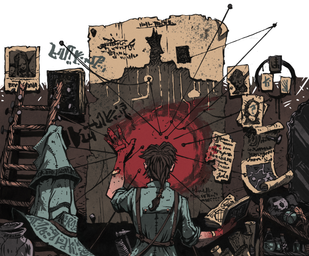 An illustration of a Junkmage obsessing over Heart, they have attached lots of illustrations, newspaper clippings and string connecting them to a wall. They have smeared blood over the centre of the collection, their hands are covered in blood.