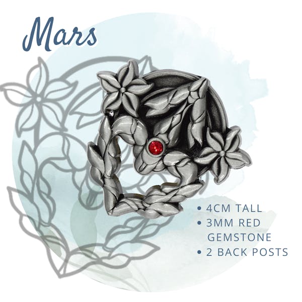 Mars Pin ~1.5"/4cm tall, 3mm red gemstone, 2 back posts