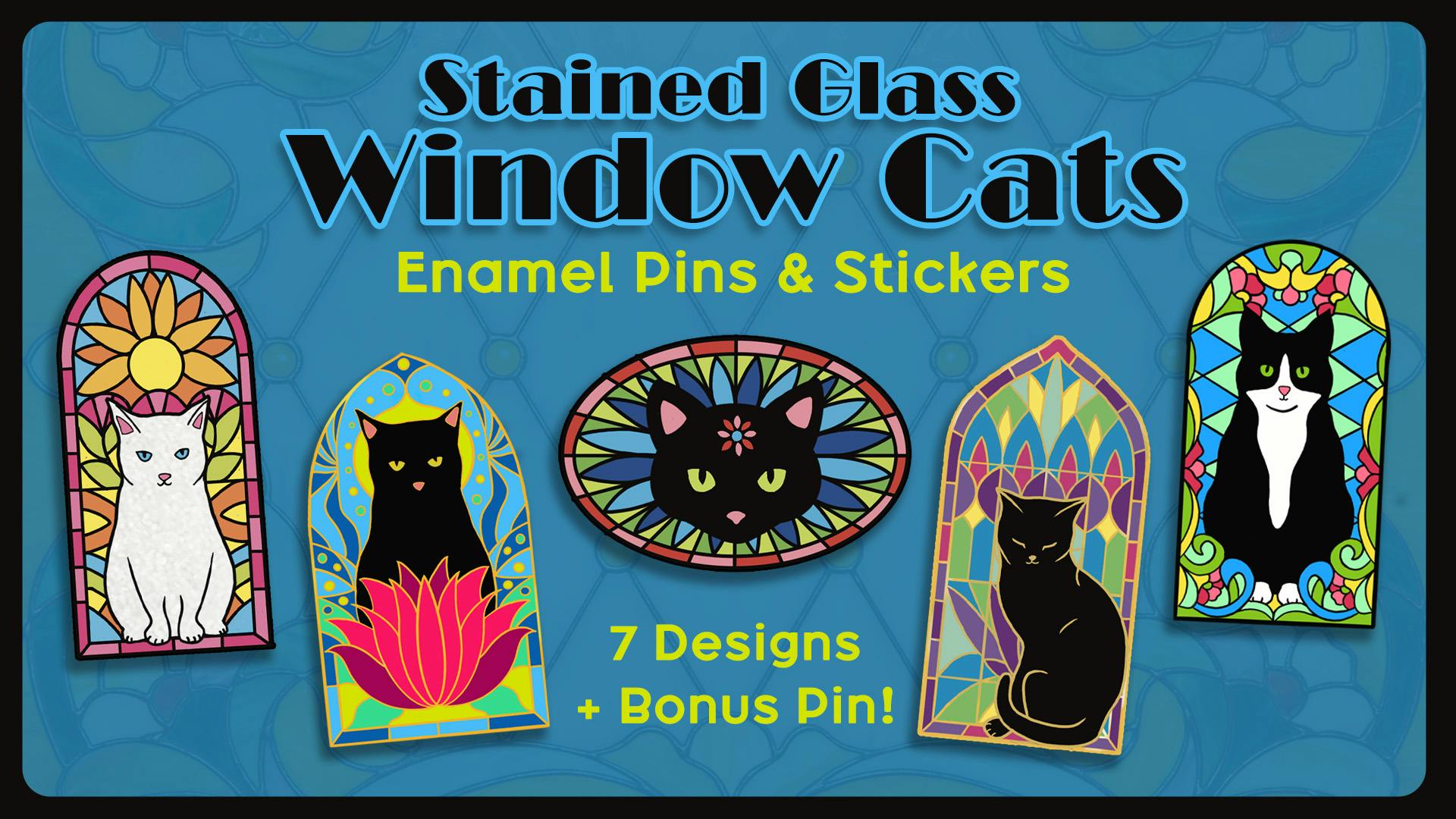 Stained Glass Window Cats Enamel Pins and Stickers