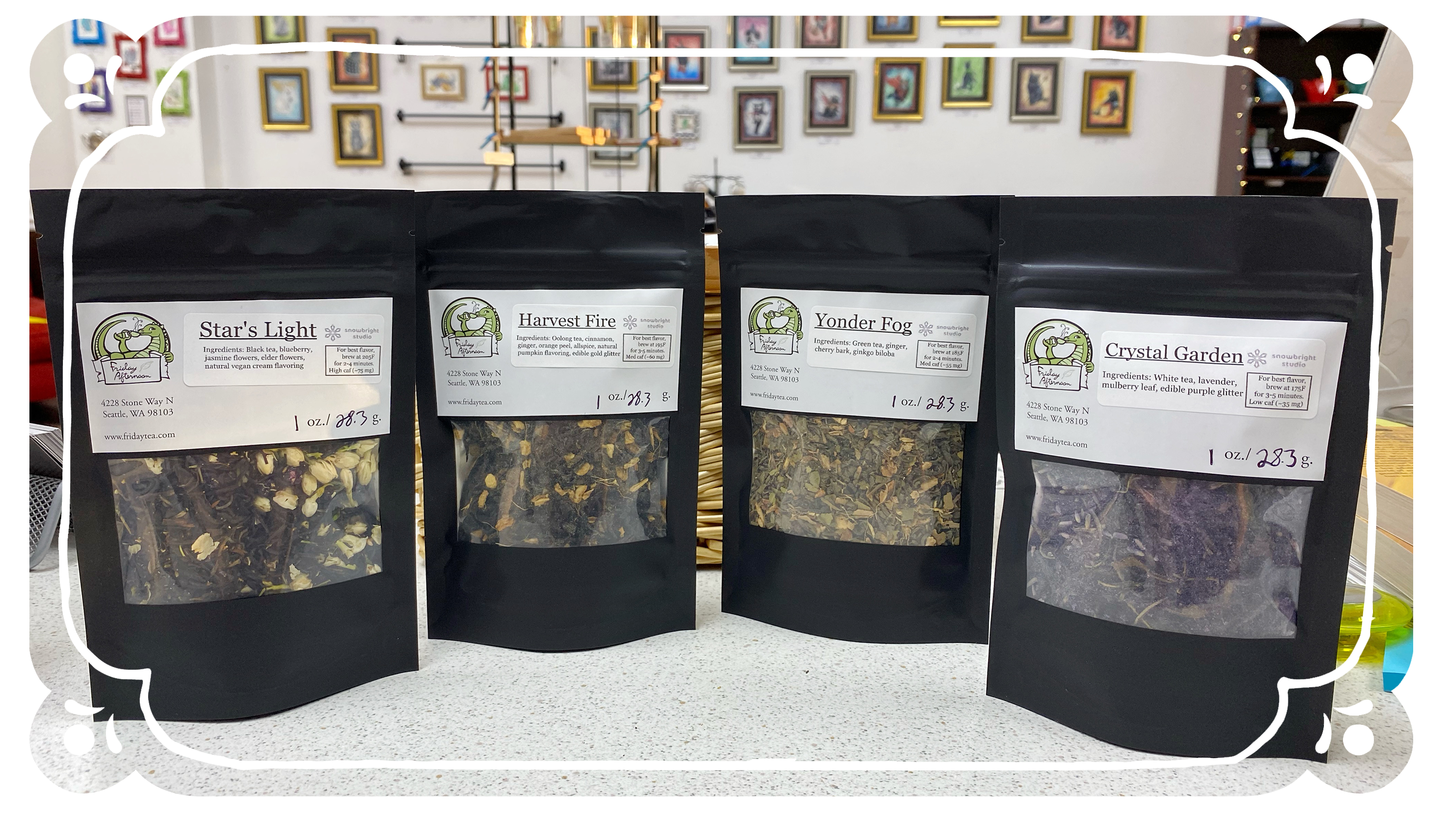 Four bags of Friday Afternoon tea, Star's Light, Harvest Fire, Yonder Fog and Crystal Garden