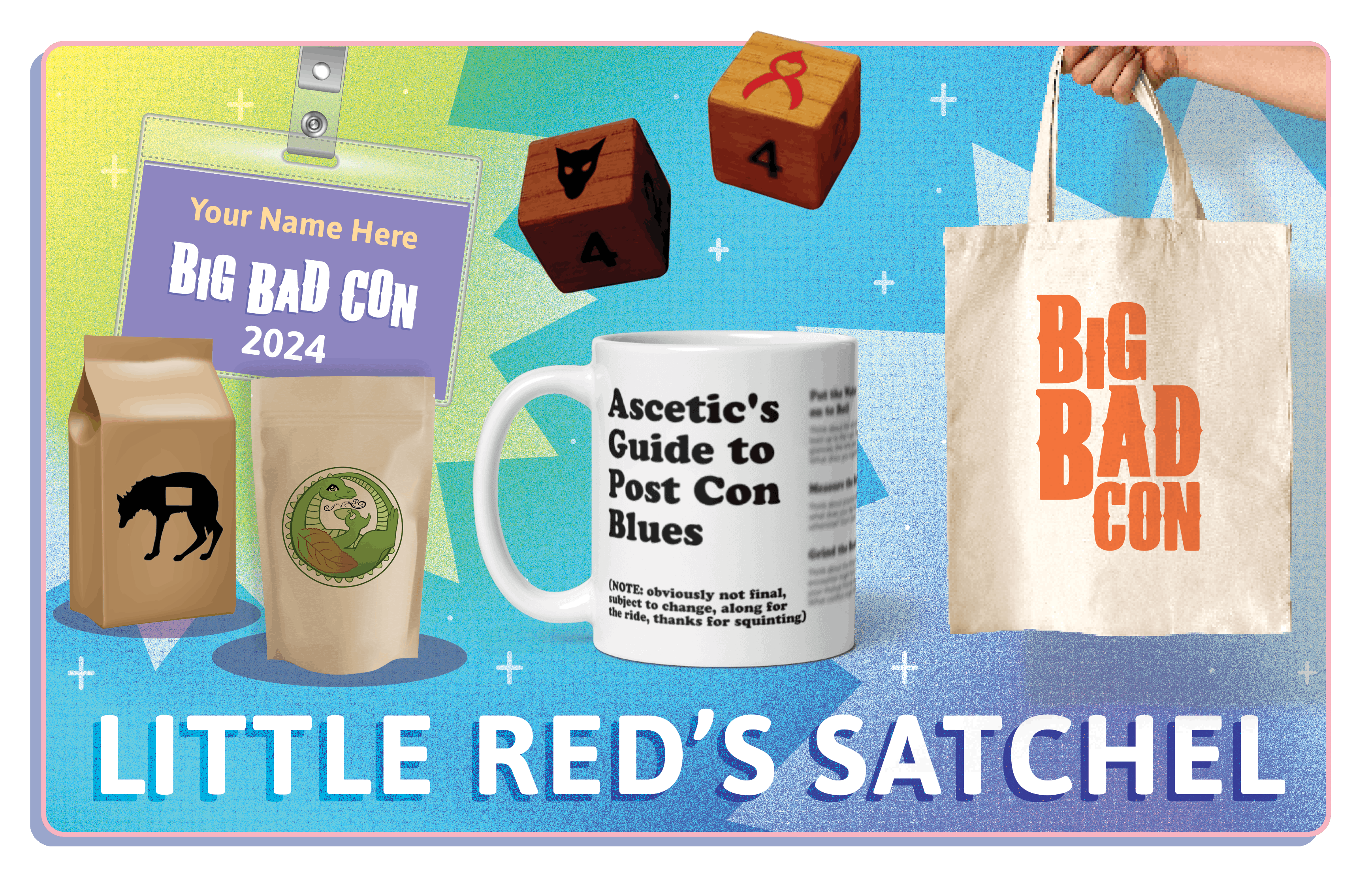 Title: Little Red's Satchel. Images of a Badge, Mug, Coffee, Tea, Dice, and a Tote