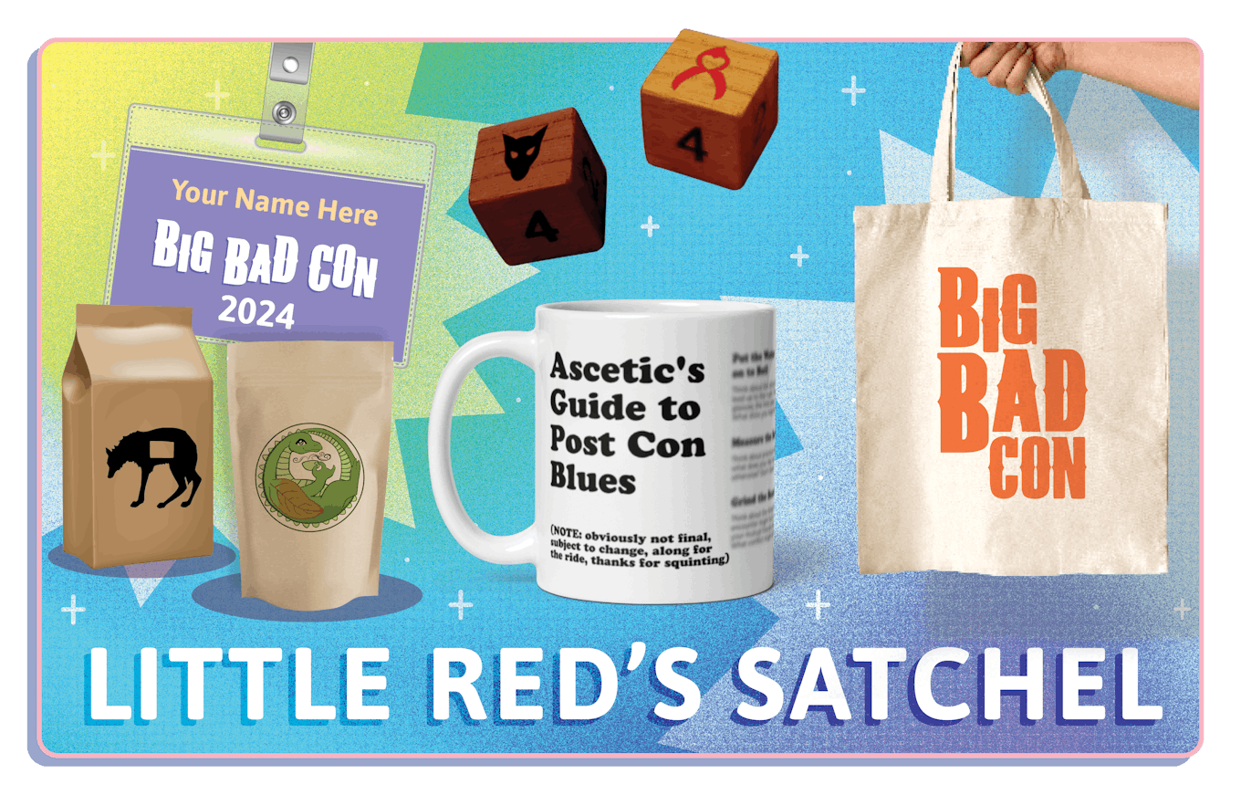 Title: Little Red's Satchel. Images of a Badge, Mug, Coffee, Tea, Dice, and a Tote