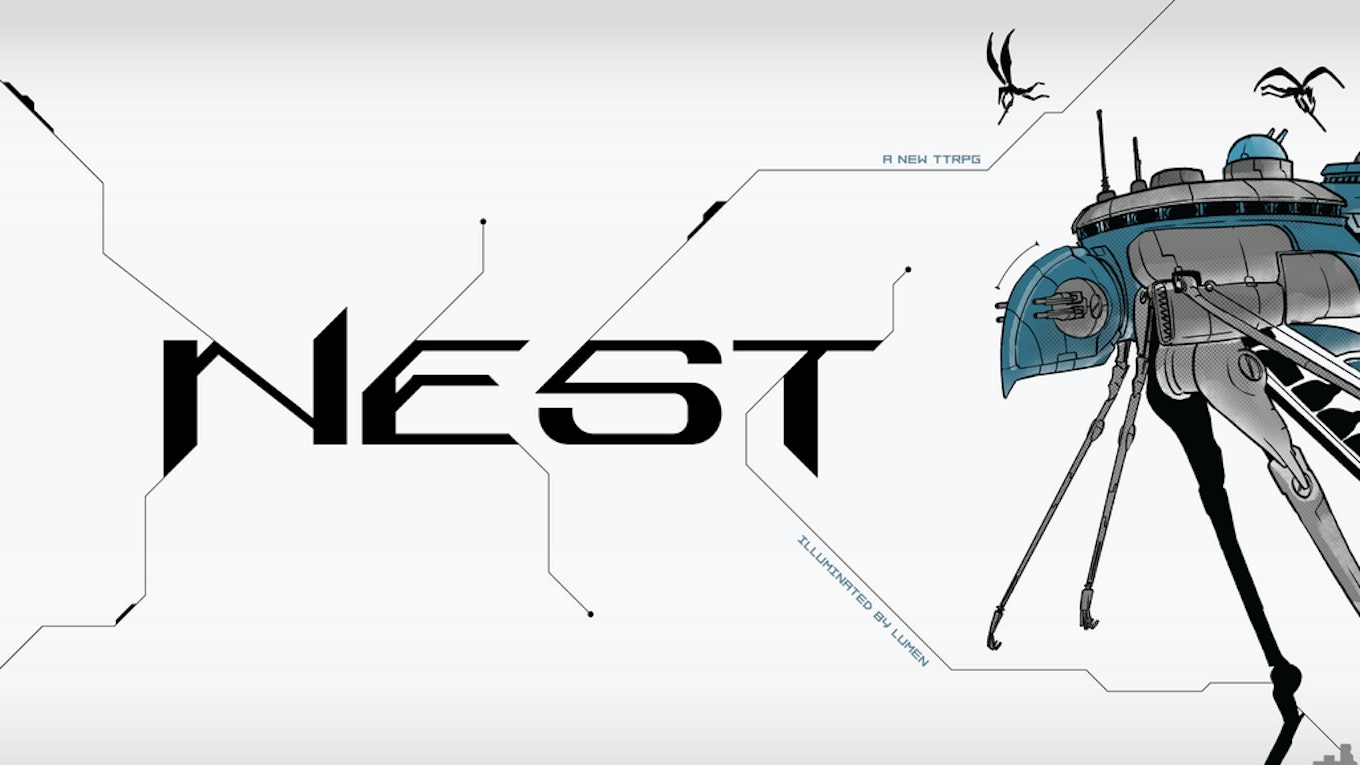 The pre-launch page image for NEST. Shows the title text with geometric lines branching from it. To the right of the title is a robotic blue and gray creature with long legs and a bird-like body.