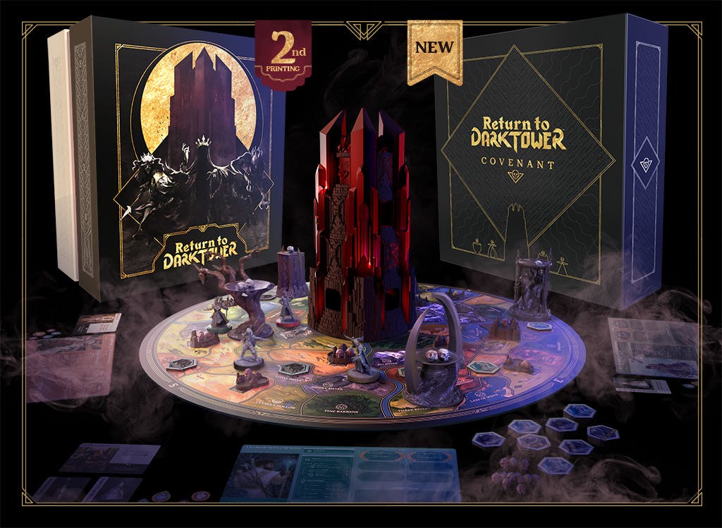 game set up image with the board in the center with minis and tokens on it and the large tower in the center. the box for Return to Dark Tower and the box for Covenant are in the background.