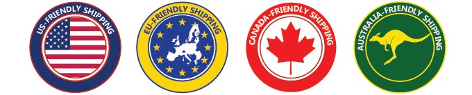 icons for US, EU, Canada, and Australia-friendly shipping
