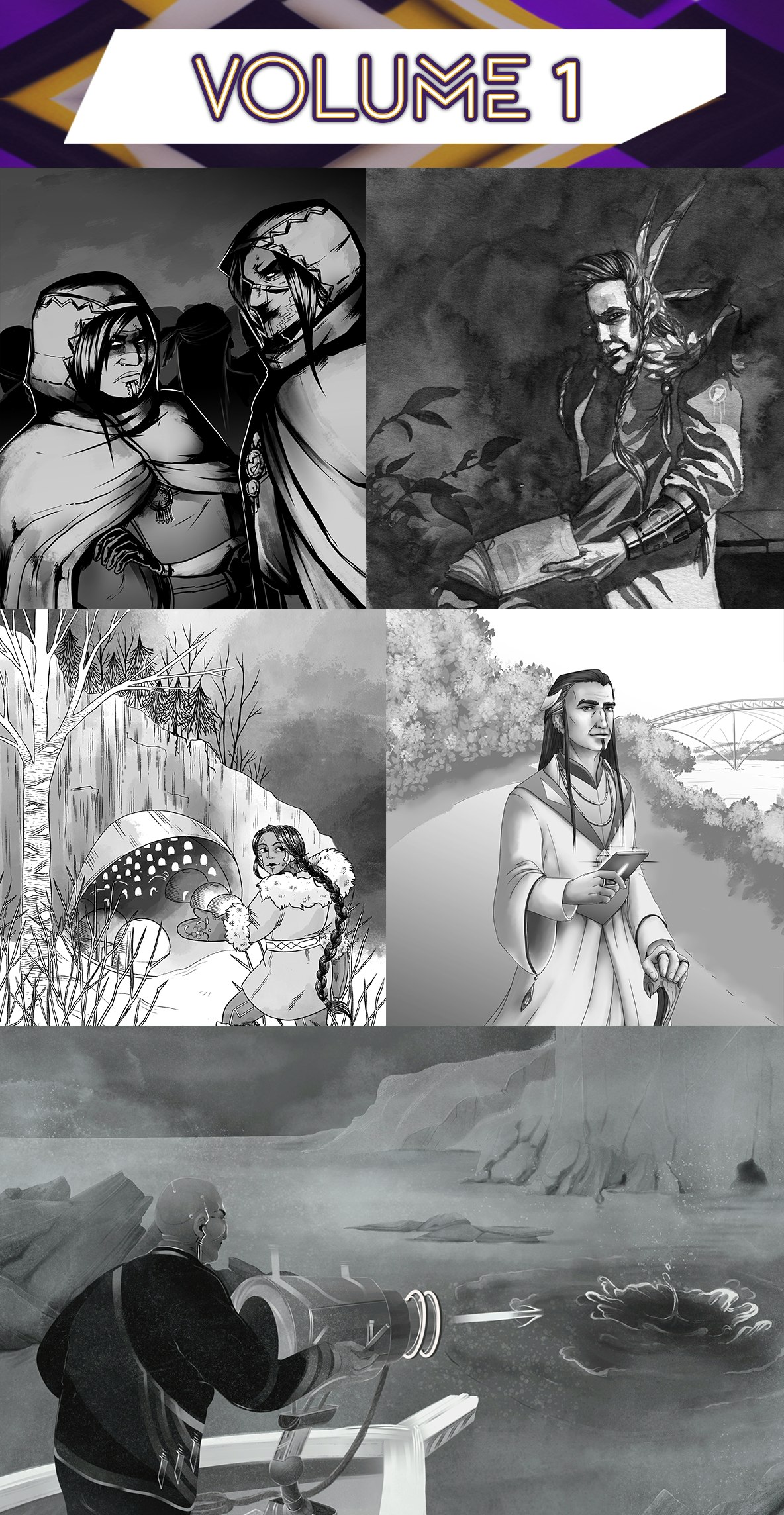 A collage of some of the art from Stories of the Free Lands Volume 1
