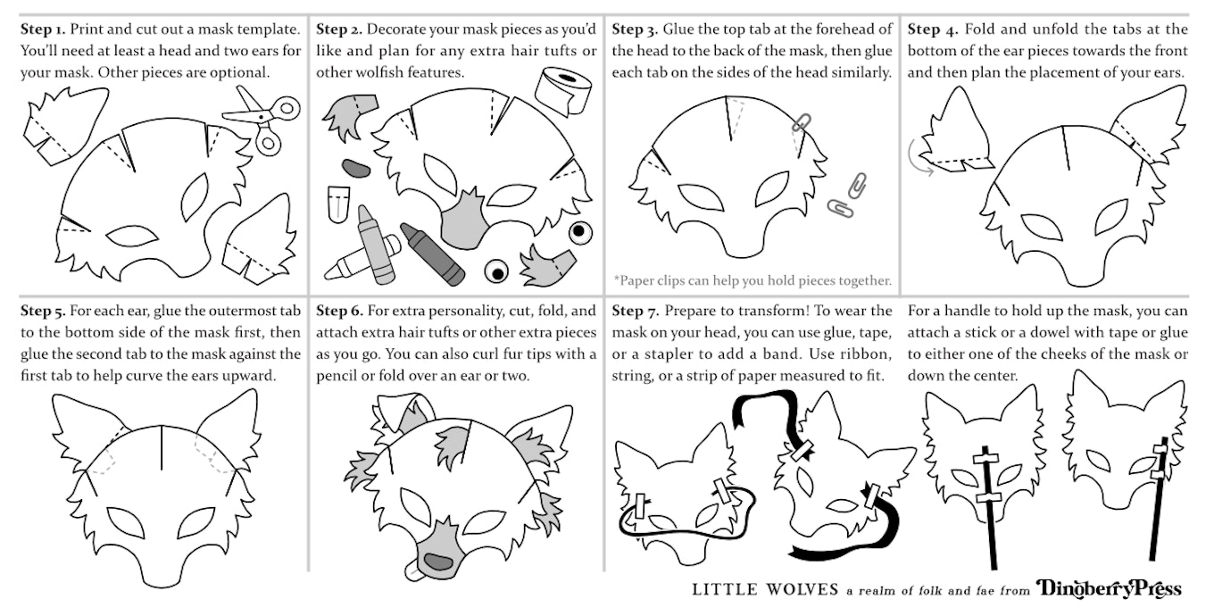 A screenshot of instructions on how to assemble the Little Wolves Wolf Mask template.