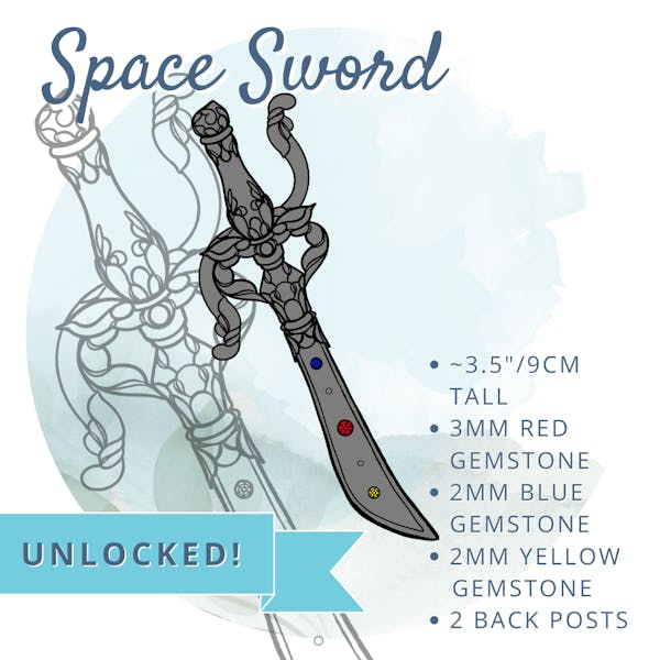 Space Sword Pin: ~3.5" or 9cm tall with a 3mm red gem, 2mm blue gem, 2mm yellow gem, and two back posts