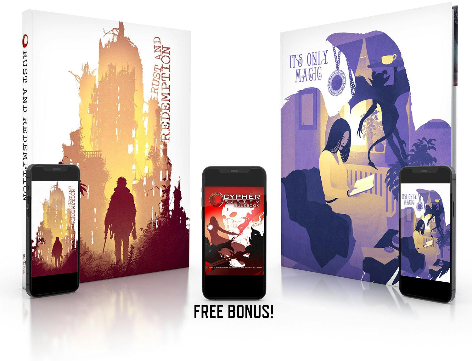 Image of Rust and Redemption and It's Only Magic in both print and PDF, as well as the Cypher System Rulebook as a free bonus PDF.