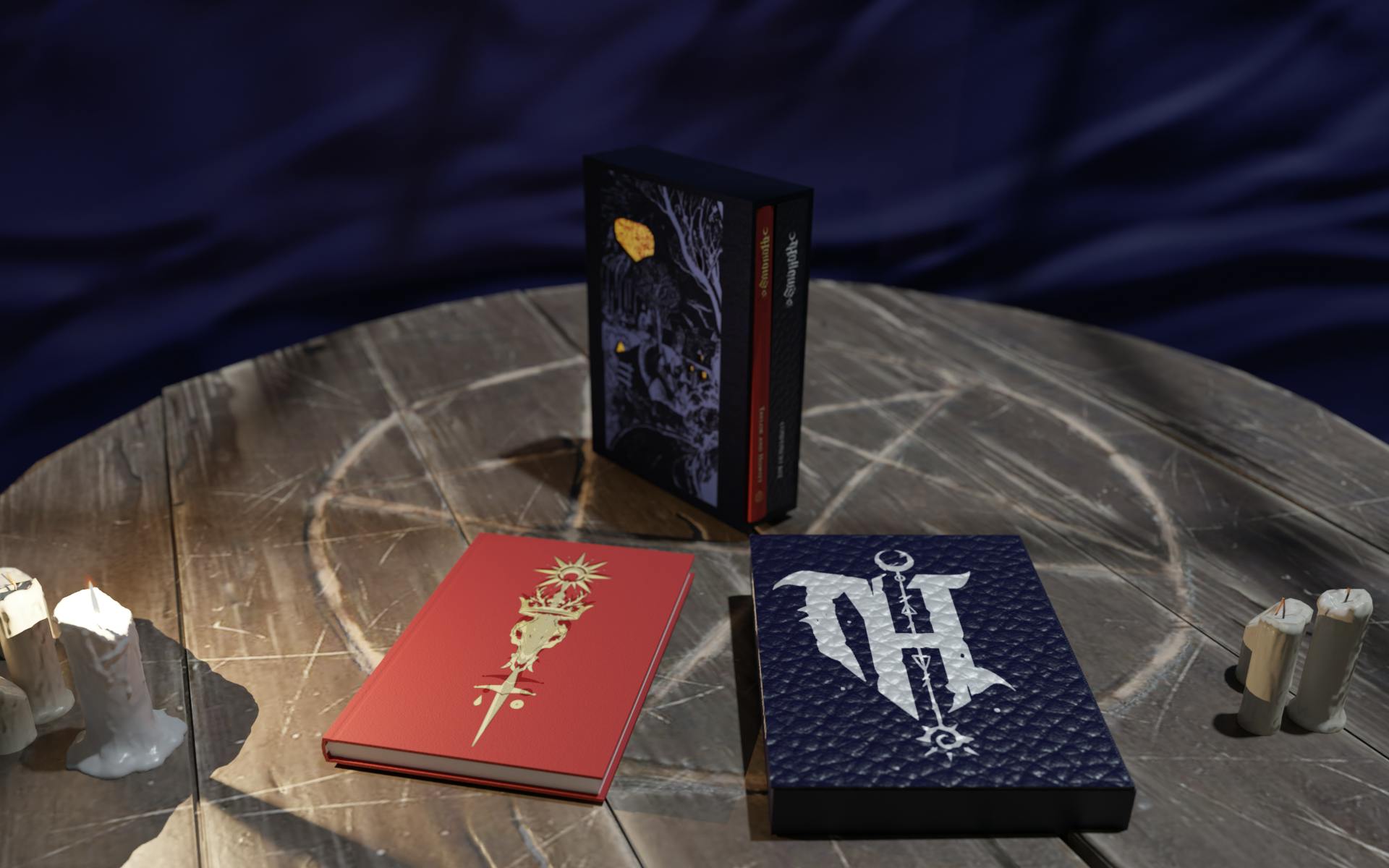 The special edition of Hollows - a hardback with a red cloth cover, showing the four faction symbols in gold foil - plus the component set, plus a slipcase covered in an illustrated landscape. The slipcase is pierced to show glimpses of the red book inside.