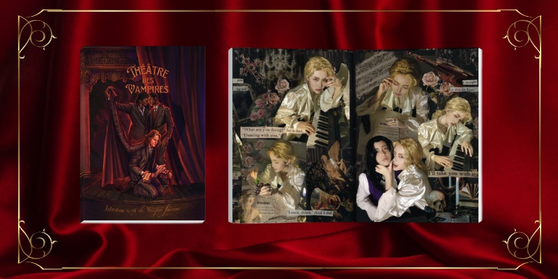 A rectangular graphic of with a red silk background and a gold artdeco frame. On the left there is a mock-up of the TDV fanzine. On the left, a mockup of a two page spread featuring a collage of pictures of a Lestat cosplayer, featuring a Louis cosplayer in one of them