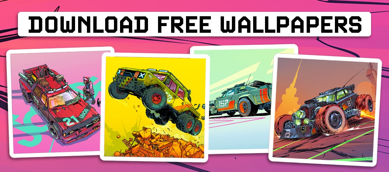 This image has a headline of text: "Download free wallpapers" and below has 4 pieces of artwork of the cars from the game. The first car is red and looks like a heavily modified station wagon, the second is yellow and is of a rugged off-road style of vehicle, the third is green is a muscle car, and the fourth is black and is a hot rod style of vehicle. They are all illustrated in a comic book style with vivid colours. 