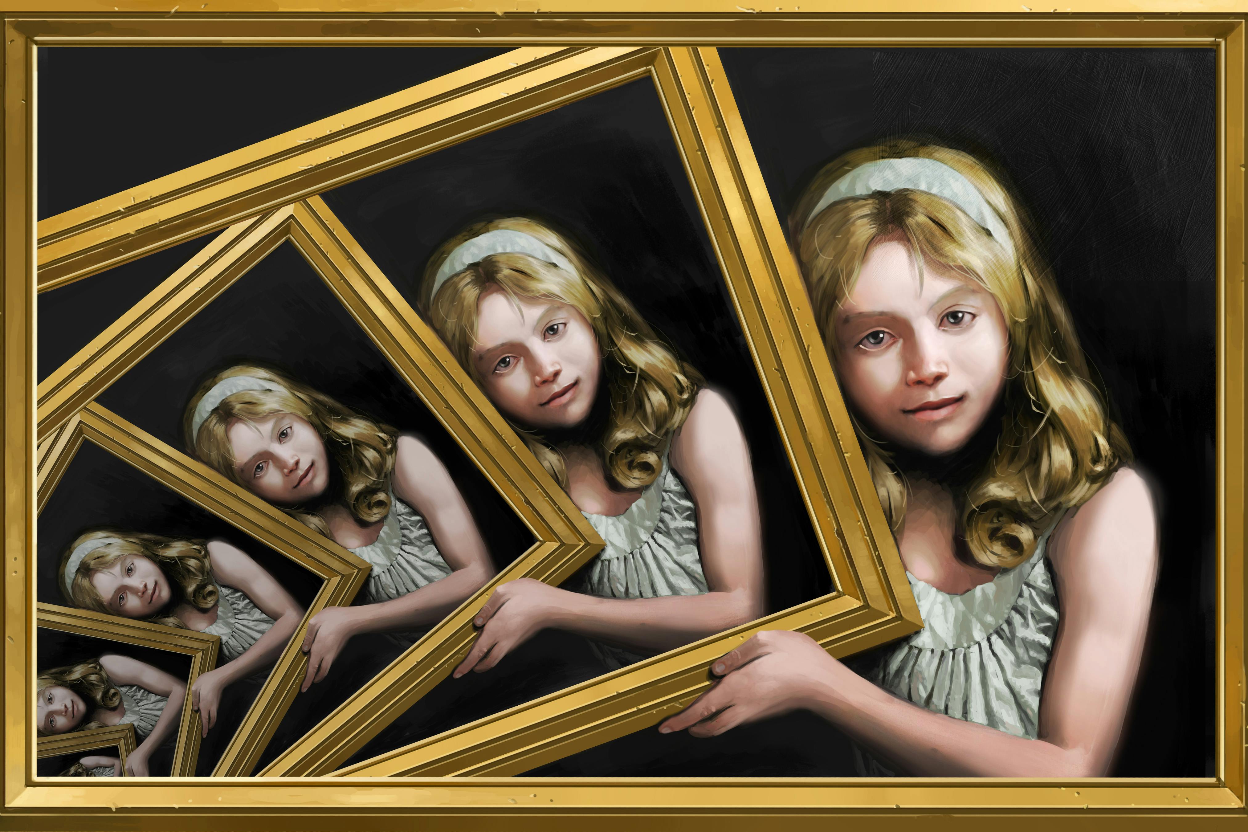 Wellspring art: "Show 'em". Girl holding a painting with iterative images of her holding the painting