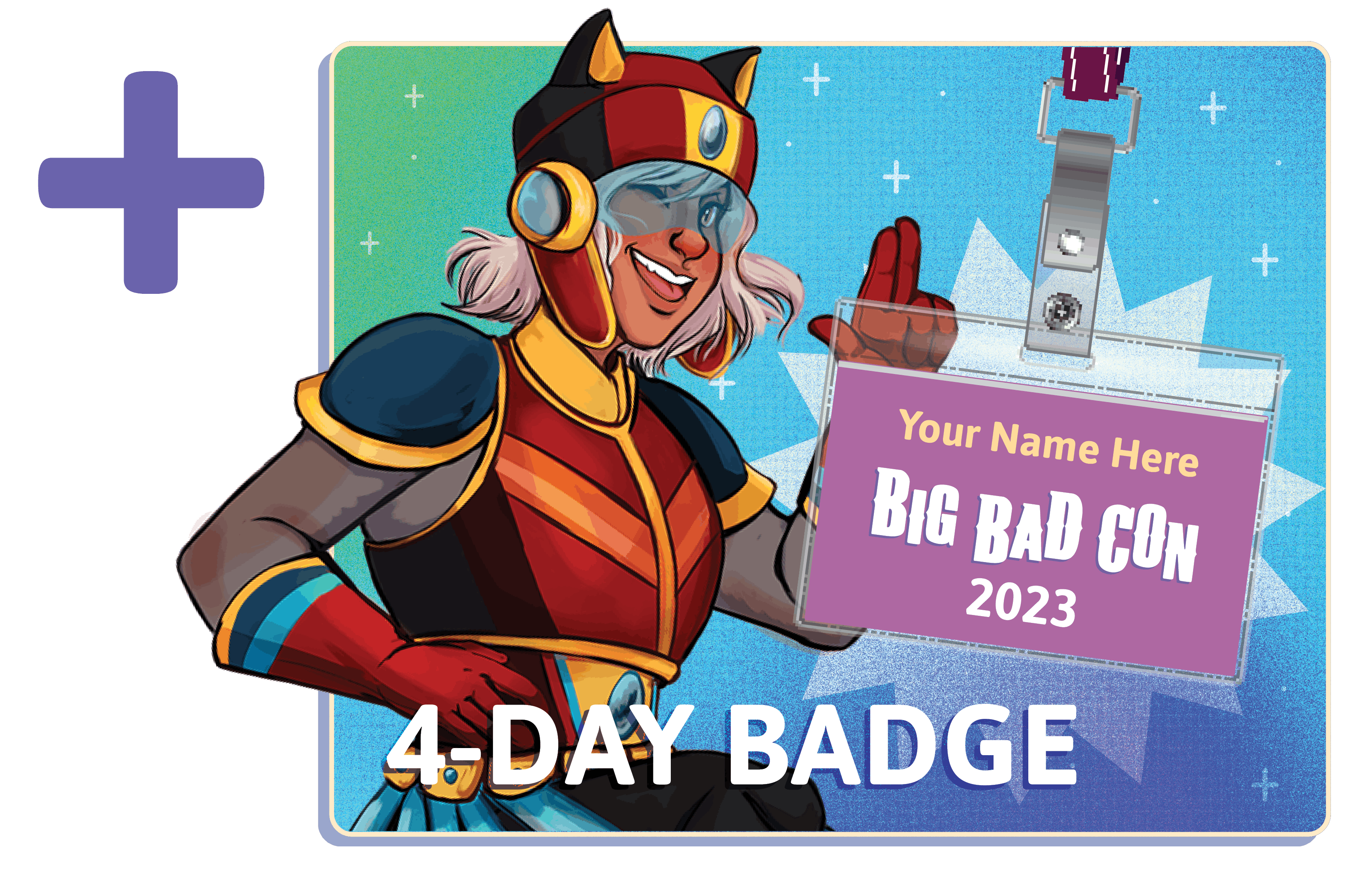 Image of our Little Red mascot and a Big Bad Con badge