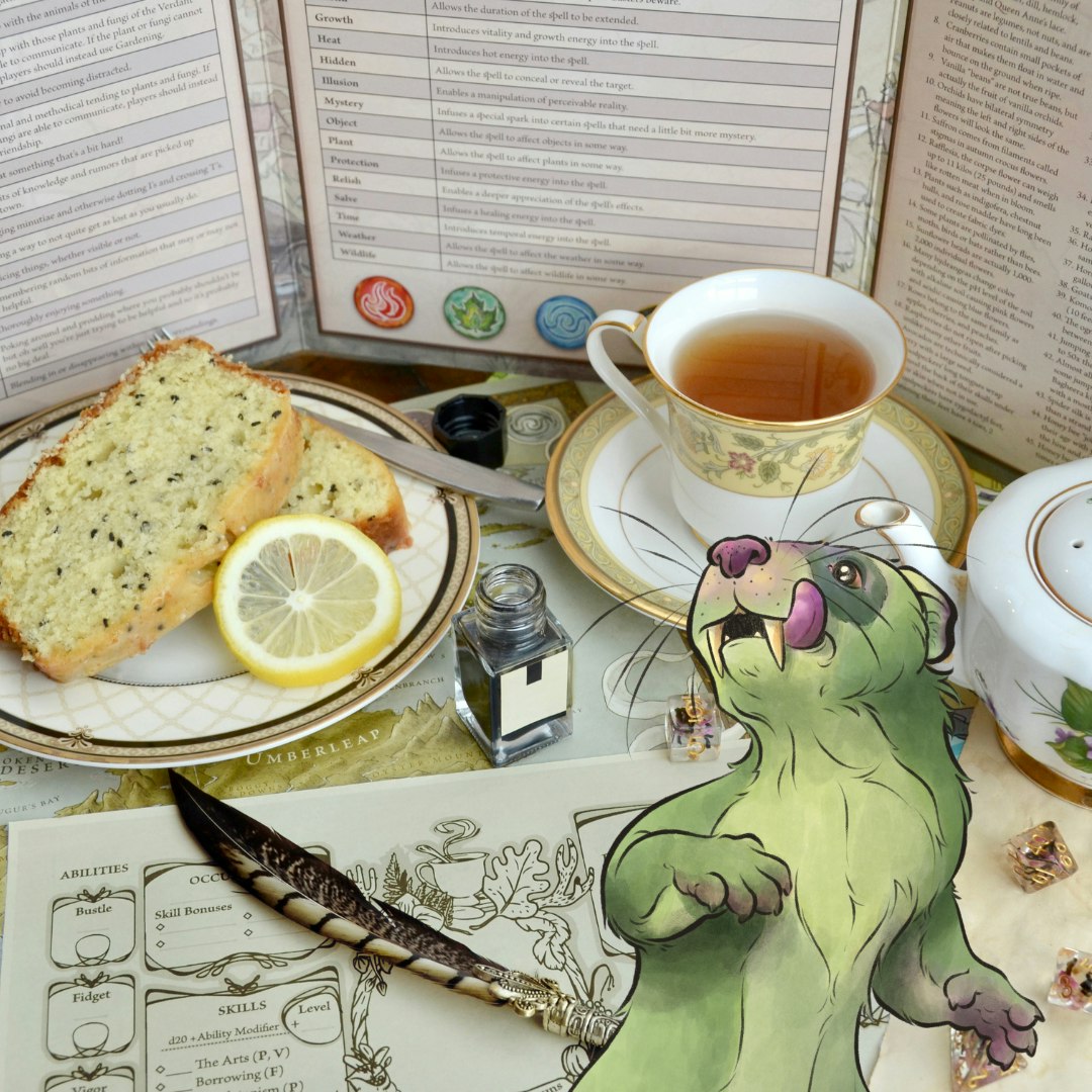 A green ferret in front of photo of a slice of lemon cake, dice, a character sheet and more