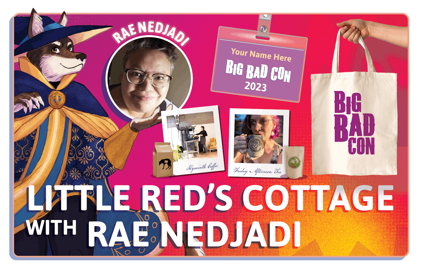 Image of Rae Nedjadi who will run an online game of Twilight Throne and the Houses of Ruin, A Big Bad Con Badge, Denny Peseau roasting coffee, Friday holding a mug of Friday afternoon Tea, and Baba Yaga's Tote
